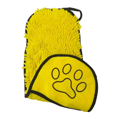 Yellow Super Absorbent Pet Bath Towel with Hand Pockets Quick Dry Chenille Microfibre for Dogs and Cats Large Size 62cm