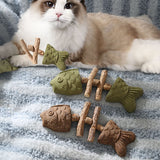 Green 5 Pack Cat Catnip Toys Fish Bone Shaped Silvervine Chew Sticks for Teeth Cleaning and Interactive Play - Top-Down View