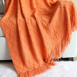 Orange-red Nordic Knitted Throw Blanket with Tassels 130x230cm Soft Acrylic Diamond Pattern Sofa Cover Bed Runner and Travel Blanket