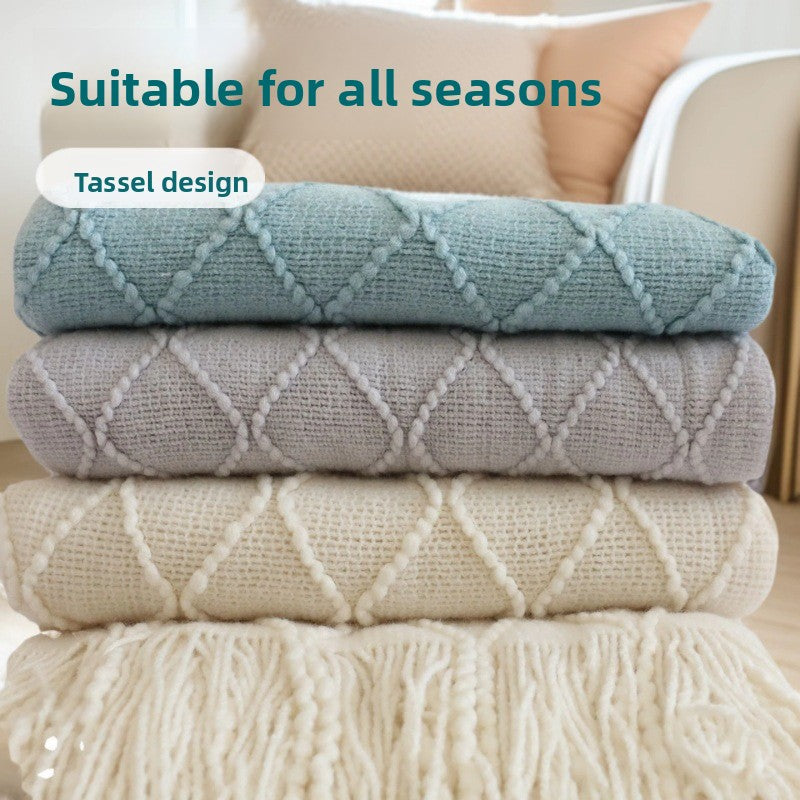 Turmeric Nordic Knitted Throw Blanket with Tassels 130x230cm Soft Acrylic Diamond Pattern Sofa Cover Bed Runner and Travel Blanket
