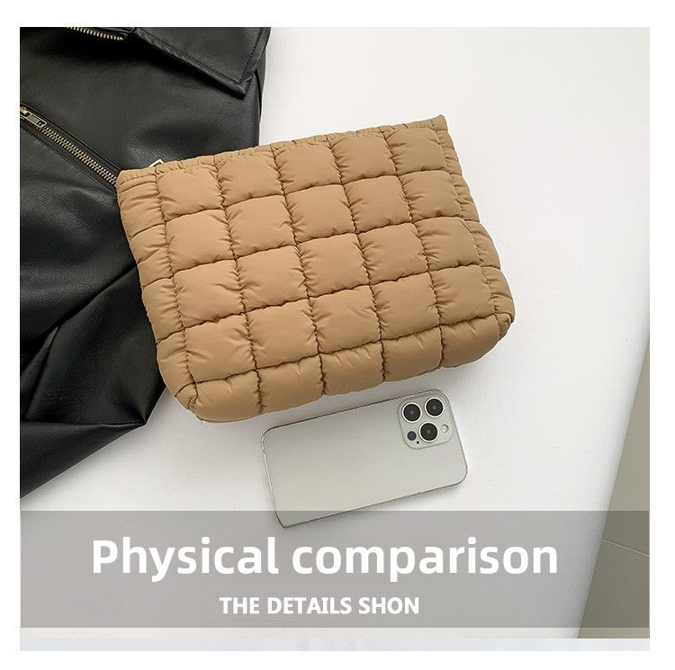 Pink Puffer Makeup Bag Quilted Pouch Cosmetic Organizer Bag Soft Nylon Travel Toiletry Bag Zipper Handbag for Women