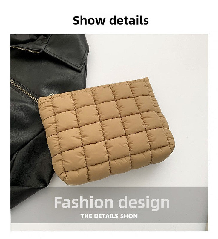 Khaki Puffer Makeup Bag Quilted Pouch Cosmetic Organizer Bag Soft Nylon Travel Toiletry Bag Zipper Handbag for Women