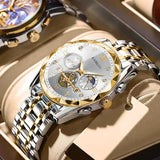 White-faced gold-speckled Men's Classic Two Tone Stainless Steel Quartz Watch 42mm Multi-Function Six Hand Dial Waterproof Luminous Business Wristwatch