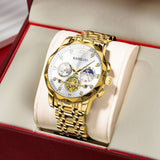 Black-faced goldfinch Men's Classic Two Tone Stainless Steel Quartz Watch 42mm Multi-Function Six Hand Dial Waterproof Luminous Business Wristwatch - Front View