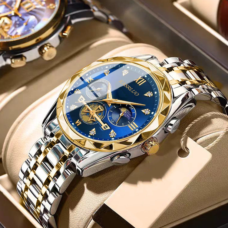 Interlaced gold and blue surface Men's Classic Two Tone Stainless Steel Quartz Watch 42mm Multi-Function Six Hand Dial Waterproof Luminous Business Wristwatch