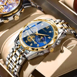 Interlaced gold and blue surface Men's Classic Two Tone Stainless Steel Quartz Watch 42mm Multi-Function Six Hand Dial Waterproof Luminous Business Wristwatch