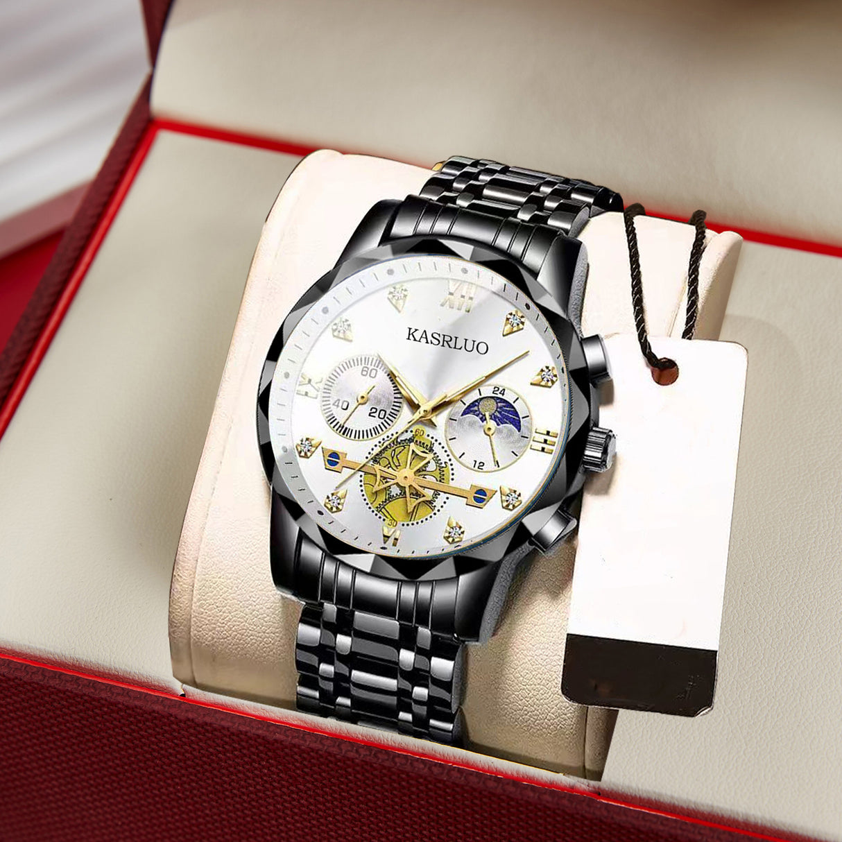 Interlaced gold and blue surface Men's Classic Two Tone Stainless Steel Quartz Watch 42mm Multi-Function Six Hand Dial Waterproof Luminous Business Wristwatch