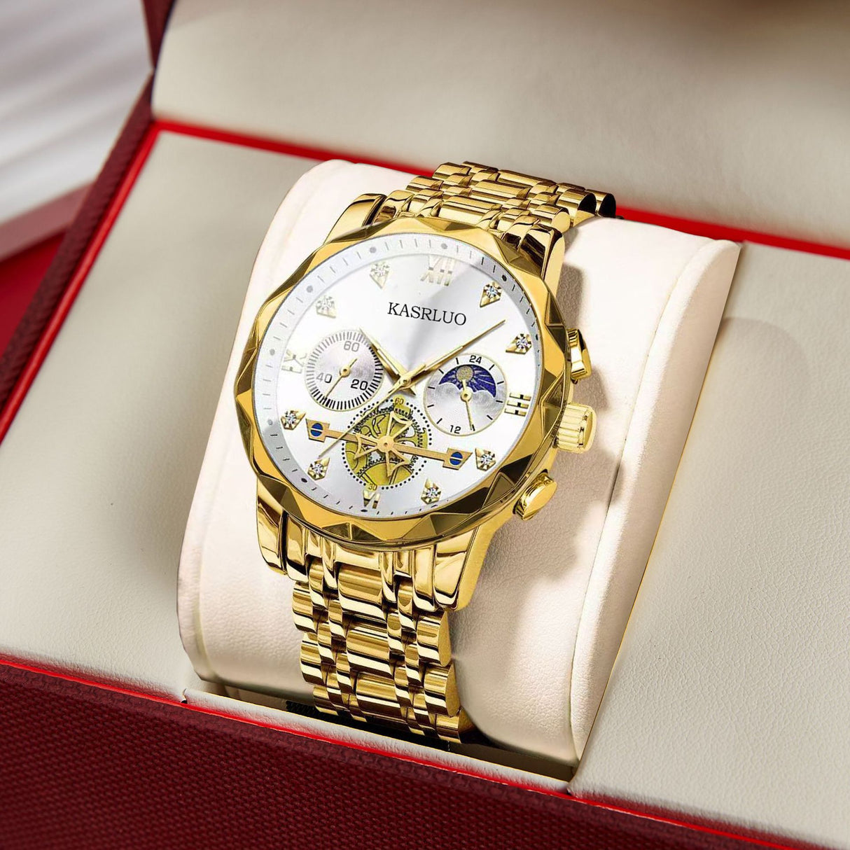Interlaced gold and green surface Men's Classic Two Tone Stainless Steel Quartz Watch 42mm Multi-Function Six Hand Dial Waterproof Luminous Business Wristwatch