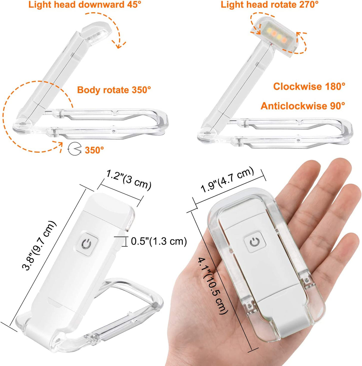2-PCS White Mini USB Rechargeable LED Book Light Eye Protection Reading Lamp with Adjustable Clip and Brightness for Kids Students Travel