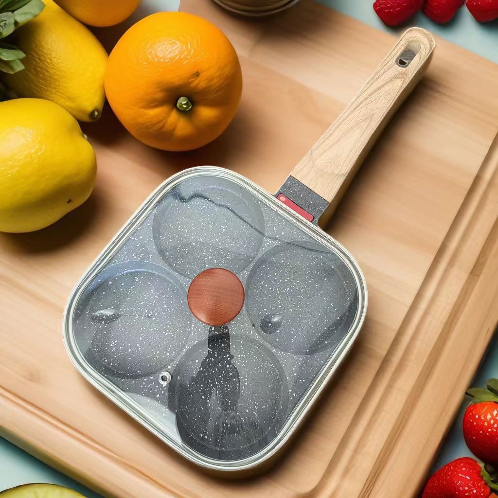 4-Hole Non-Stick Fried Egg Pan with Glass Lid Maifan Stone Coating Breakfast Pancake Maker for Burgers and Omelettes(Wood-coloured cover bead)