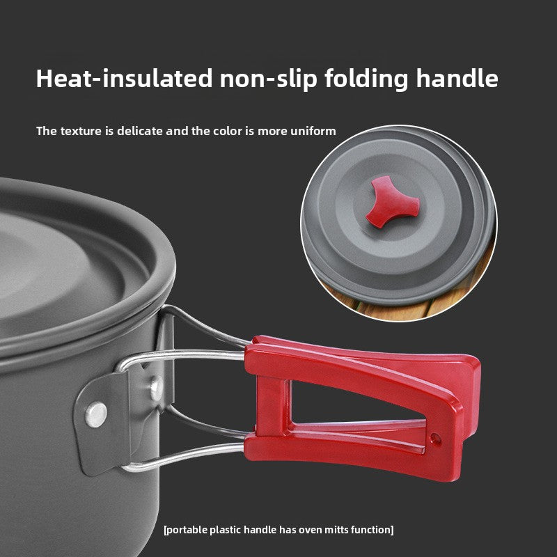 Portable Camping Cookware Set for 3-5 People Aluminum Kettle Pot Frying Pan Mess Kit with Folding Handles for Hiking and Outdoor Use