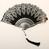 2 Pack Black Sunflower with Gold Foil Stamping Vintage Lace Folding Fans Gothic Palace Style with Rose Cross Tassels for Tea Party Cosplay and Photo Props