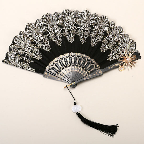 2 Pack Black Sunflower with Gold Foil Stamping Vintage Lace Folding Fans Gothic Palace Style with Rose Cross Tassels for Tea Party Cosplay and Photo Props