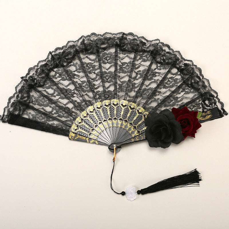 2 Pack Double Rose Obscur Vintage Lace Folding Fans Gothic Palace Style with Rose Cross Tassels for Tea Party Cosplay and Photo Props