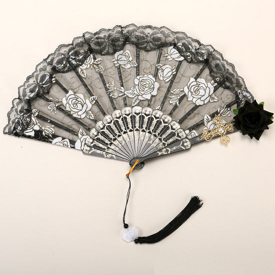 2 Pack Black Lace Black Rose Cross Vintage Lace Folding Fans Gothic Palace Style with Rose Cross Tassels for Tea Party Cosplay and Photo Props