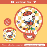 5 Pack Yellow Adventurous Pup Cute Cartoon Folding Hand Fans Portable Mini Circular Fans 20x24cm for Aussie Summer Outdoor Travel with Matching Storage Pouches for Kids and Adults