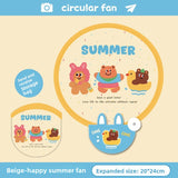 5 Pack Beige Happy Summer Cute Cartoon Folding Hand Fans Portable Mini Circular Fans 20x24cm for Aussie Summer Outdoor Travel with Matching Storage Pouches for Kids and Adults