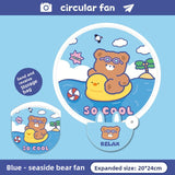 5 Pack Blue Seaside Bear Cute Cartoon Folding Hand Fans Portable Mini Circular Fans 20x24cm for Aussie Summer Outdoor Travel with Matching Storage Pouches for Kids and Adults