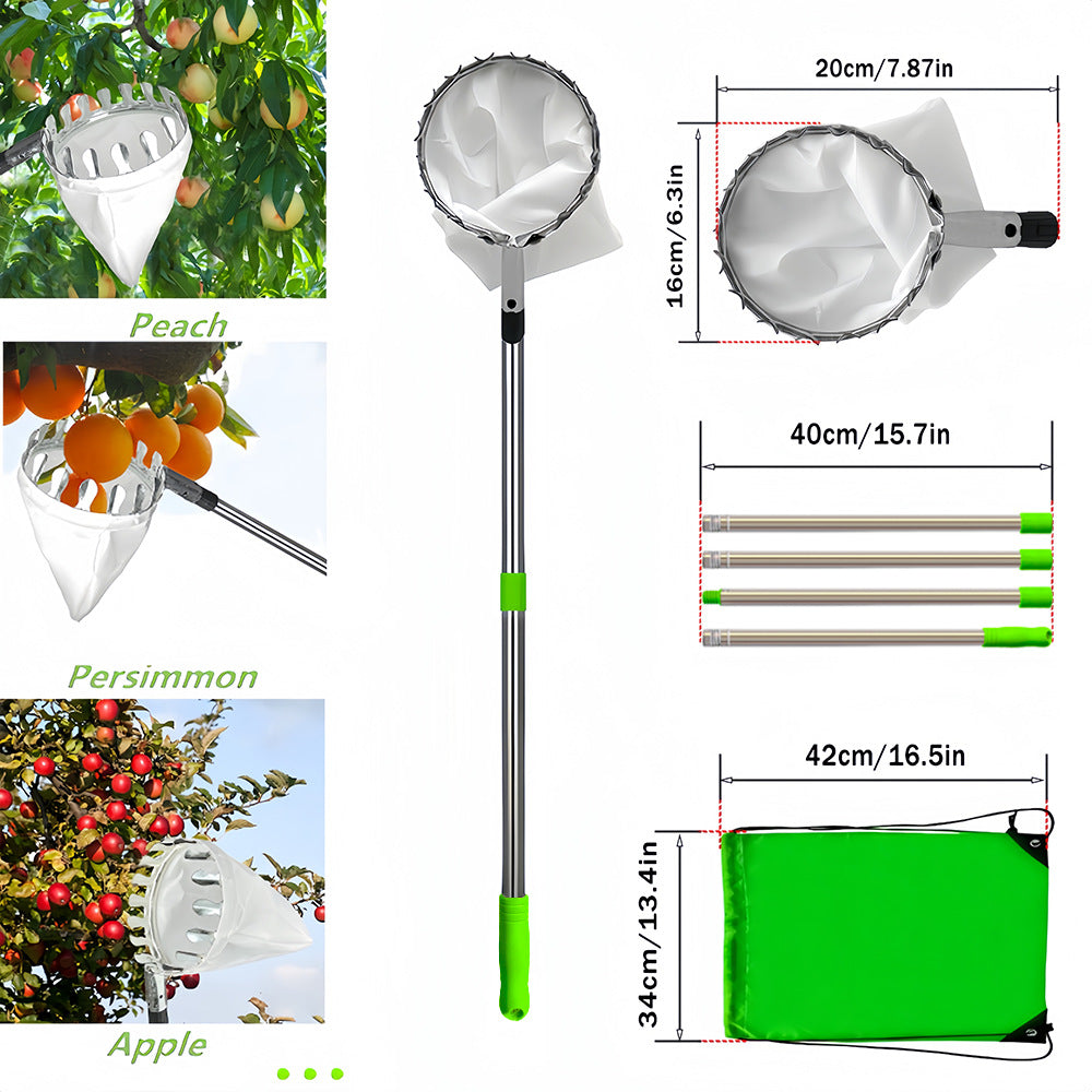 Green Telescopic Fruit Picker Tool with Stainless Steel Extension Pole Carbon Steel Head and Large Bag for Apples Peaches Oranges Australian Home Orchards(3.2m)