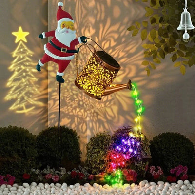 Colorful lights Solar Powered Christmas Garden Stake - Metal Santa with Watering Can & Multi-Colour LED Waterfall - 82cm Outdoor Yard Decoration