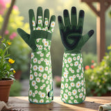 Green Long Gardening Gloves Thorn Proof Rose Pruning Gauntlets with Touchscreen Fingertips Breathable Forearm Protection Daisy Print - Front View