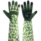 Green Long Gardening Gloves Thorn Proof Rose Pruning Gauntlets with Touchscreen Fingertips Breathable Forearm Protection Daisy Print - Side View