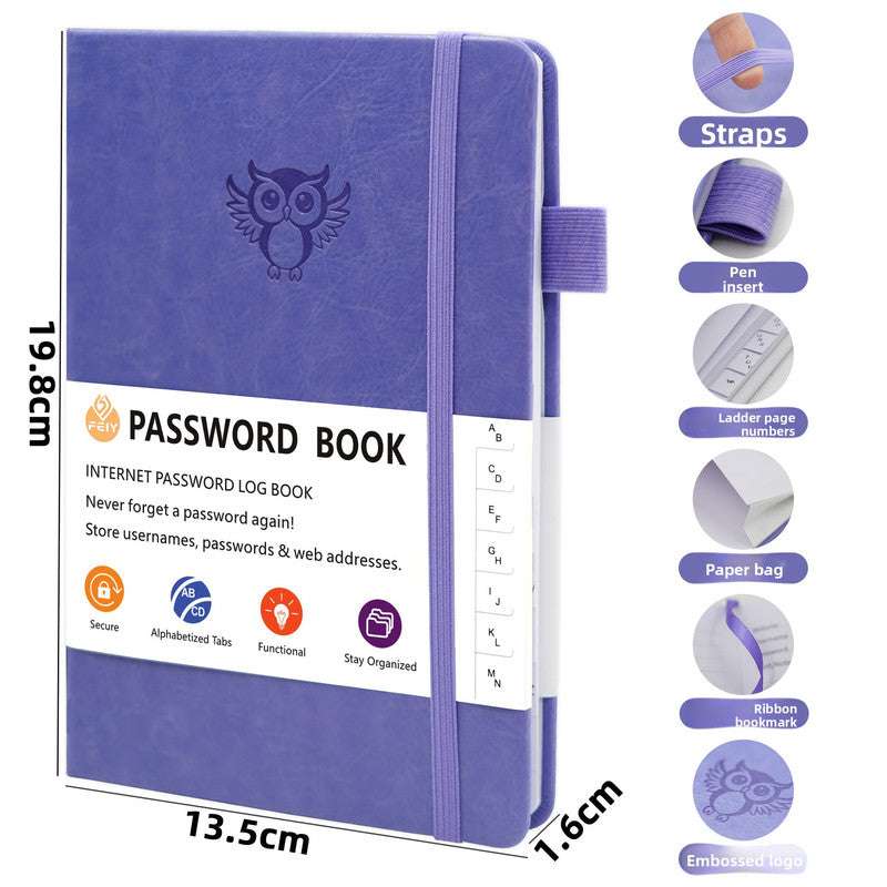 Light purple Password Log Book with Alphabetical Tabs Internet Address Organizer Small PU Leather Notebook with Owl Design Pen Holder and Inner Pocket Ideal for Home and Office