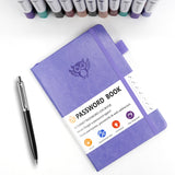 Light purple Password Log Book with Alphabetical Tabs Internet Address Organizer Small PU Leather Notebook with Owl Design Pen Holder and Inner Pocket Ideal for Home and Office