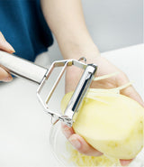 Premium Stainless Steel Dual Peeler & Julienne Cutter - 2-in-1 Vegetable Slicer with Swivel Blade - Heavy Duty Multi-Function Kitchen Tool for Potatoes, Carrots & Fruit - Side View