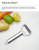 Premium Stainless Steel Dual Peeler & Julienne Cutter - 2-in-1 Vegetable Slicer with Swivel Blade - Heavy Duty Multi-Function Kitchen Tool for Potatoes, Carrots & Fruit - Close-Up Angle