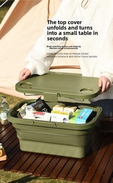 Collapsible Picnic Basket with Mini Table Lid Portable Folding Storage Crate with Cup Holders and Phone Stand Multi-Functional Outdoor Camping Sink Basin Green - Top-Down View