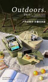 Collapsible Picnic Basket with Mini Table Lid Portable Folding Storage Crate with Cup Holders and Phone Stand Multi-Functional Outdoor Camping Sink Basin Grey - Front View