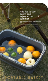 Collapsible Picnic Basket with Mini Table Lid Portable Folding Storage Crate with Cup Holders and Phone Stand Multi-Functional Outdoor Camping Sink Basin Grey - Close-Up Angle