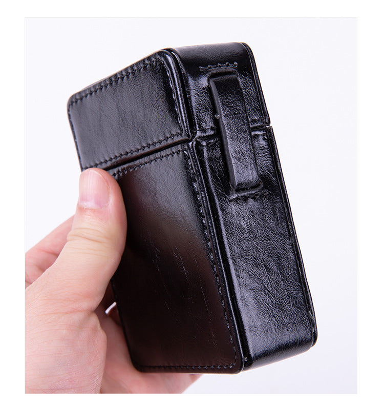 PU Leather Cigarette Case with Lighter Holder Hard Shell Storage Pouch Belt Loop Waist Bag for Standard Packs Black Gift for Men