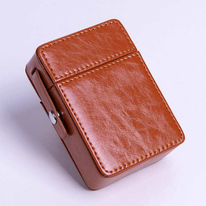 PU Leather Cigarette Case with Lighter Holder Hard Shell Storage Pouch Belt Loop Waist Bag for Standard Packs Brown Gift for Men