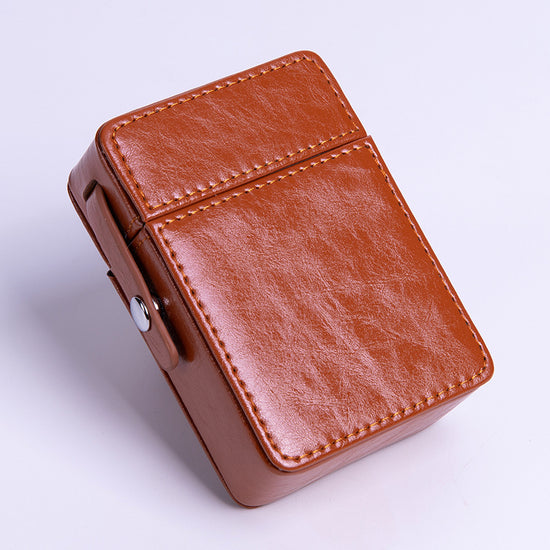 PU Leather Cigarette Case with Lighter Holder Hard Shell Storage Pouch Belt Loop Waist Bag for Standard Packs Brown Gift for Men