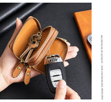 Genuine Leather Car Key Case Double Zipper Smart Key Fob Holder Wallet Remote Organiser Pouch with Hook Brown - Front View