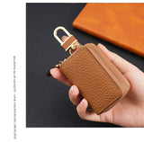 Genuine Leather Car Key Case Double Zipper Smart Key Fob Holder Wallet Remote Organiser Pouch with Hook Dark Green