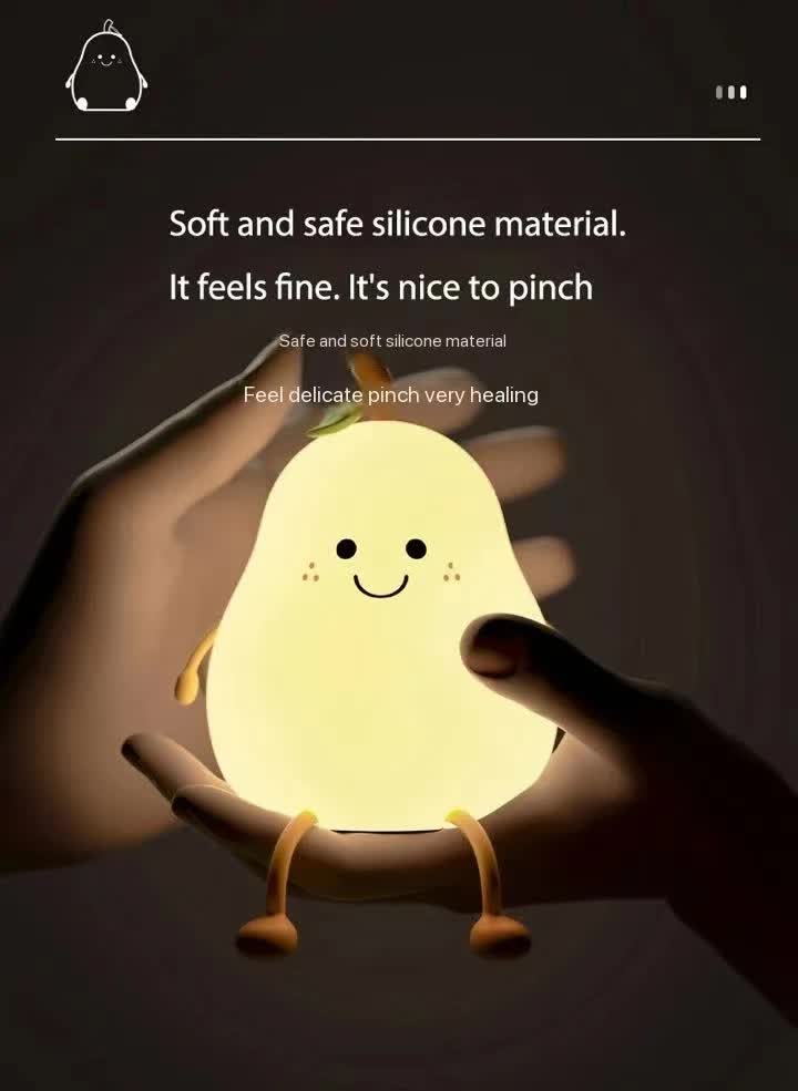 Cute Pear Night Light Squishy Silicone Nursery Lamp Rechargeable LED Bedside Light with Timer 7 Colour Changing Tap Control for Kids Baby Bedroom Gift