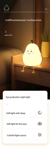 Cute Pear Night Light Squishy Silicone Nursery Lamp Rechargeable LED Bedside Light with Timer 7 Colour Changing Tap Control for Kids Baby Bedroom Gift - 45-Degree Angle