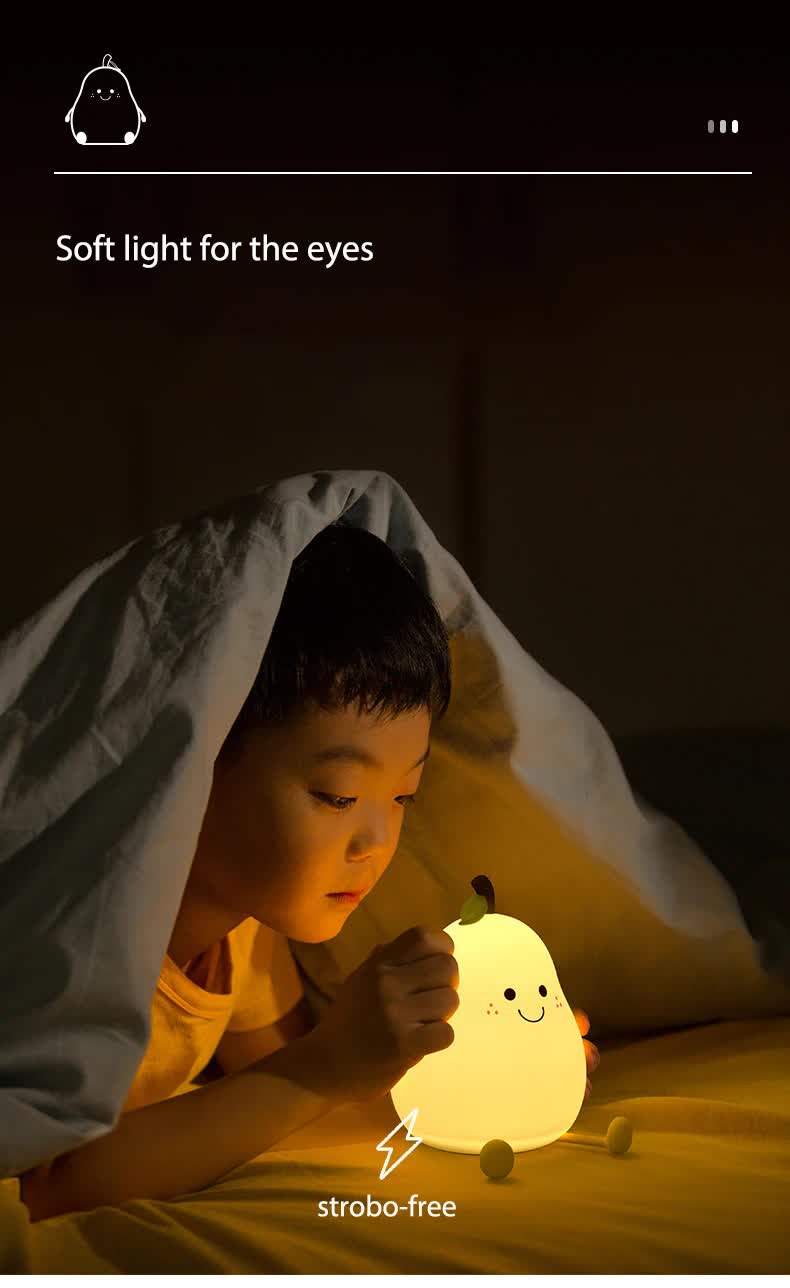 Cute Pear Night Light Squishy Silicone Nursery Lamp Rechargeable LED Bedside Light with Timer 7 Colour Changing Tap Control for Kids Baby Bedroom Gift