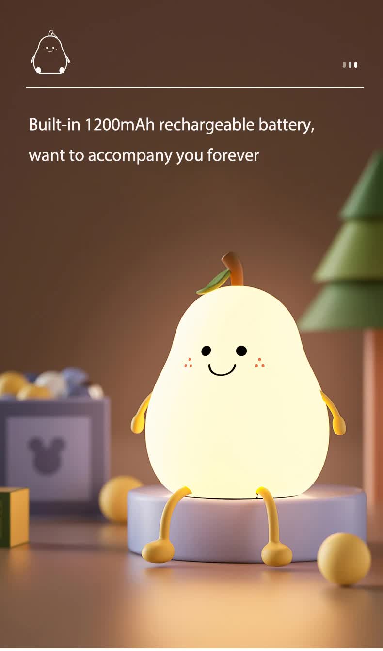 Cute Pear Night Light Squishy Silicone Nursery Lamp Rechargeable LED Bedside Light with Timer 7 Colour Changing Tap Control for Kids Baby Bedroom Gift