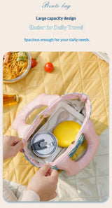 Insulated Lunch Bag Tote Fashion Graffiti Print with Soft Padded Handle Waterproof Thermal Cooler Bento Case for Work School and Picnics Blue with Pink Handle - 45-Degree Angle