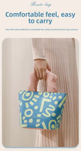 Insulated Lunch Bag Tote Fashion Graffiti Print with Soft Padded Handle Waterproof Thermal Cooler Bento Case for Work School and Picnics Blue with Pink Handle - Rear View