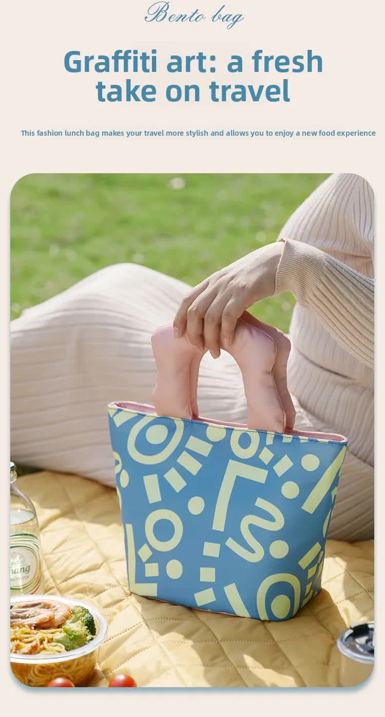 Insulated Lunch Bag Tote Fashion Graffiti Print with Soft Padded Handle Waterproof Thermal Cooler Bento Case for Work School and Picnics Blue with Orange Handle