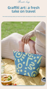 Insulated Lunch Bag Tote Fashion Graffiti Print with Soft Padded Handle Waterproof Thermal Cooler Bento Case for Work School and Picnics Blue with Orange Handle - Top-Down View