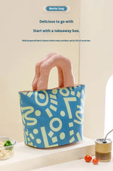 Insulated Lunch Bag Tote Fashion Graffiti Print with Soft Padded Handle Waterproof Thermal Cooler Bento Case for Work School and Picnics Blue with Green Handle - Front View