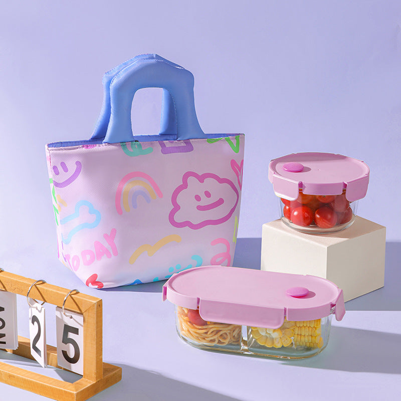 Insulated Lunch Bag Tote Fashion Graffiti Print with Soft Padded Handle Waterproof Thermal Cooler Bento Case for Work School and Picnics Blue with Purple Handle