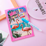 2 PCS Magic Water Colouring Book Reusable Mess Free Painting Set Dinosaur and Flamingo Themes with Refillable Water Pens for Kids Travel Activity and Educational Art
