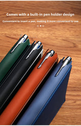 Brown Premium A5 Business Notebook Gift Set with Metal Pen - Soft PU Leather Journal 320 Pages Thick Paper - Executive Diary for Office & Home - Top-Down View